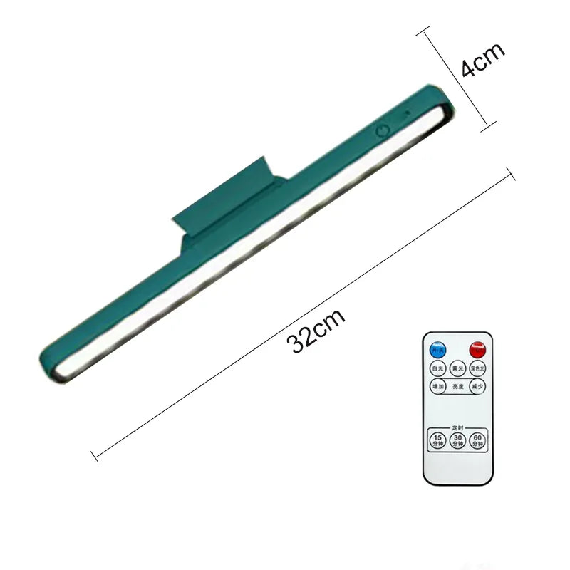 Groene draadloze LED-lamp met verstelbare kop, oplaadbaar en dimbaar, voor werk of ontspanning.
