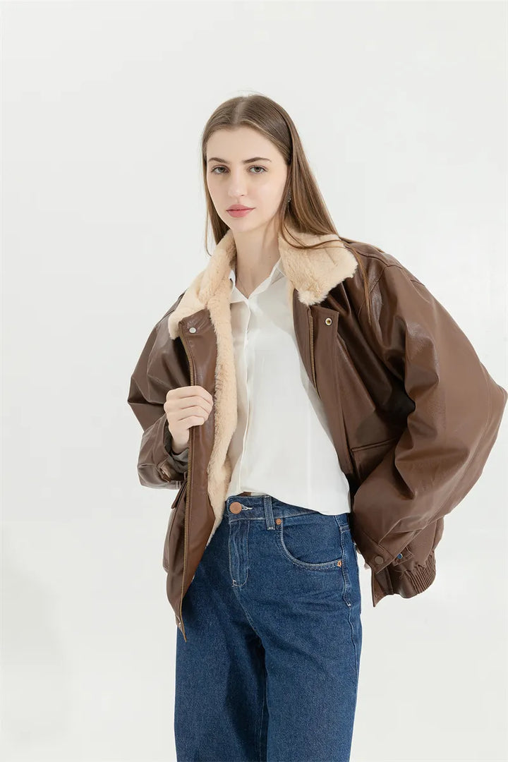 Vintage Amanda dames winterjas, comfortabel warm PU-leer met lamswol voering voor de kou.