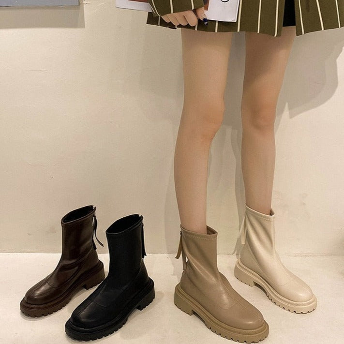 Beige Dames Xina enkellaarsjes met plateauzool, trendy boots voor dames, ideaal voor herfst & winter.