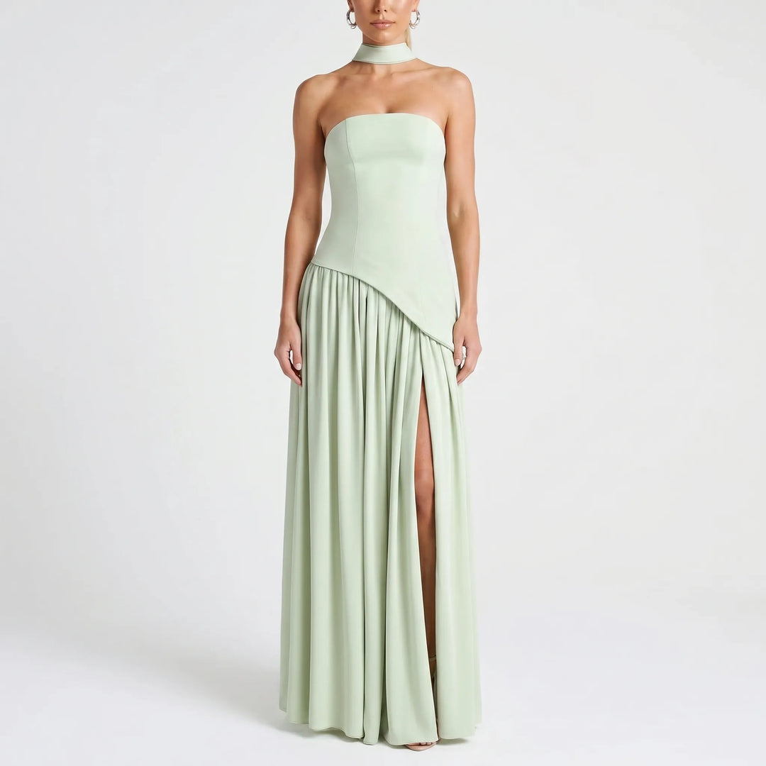 Dames gestructureerde maxi-jurk met korsetdetail, een chique feestjurk voor een elegante look.