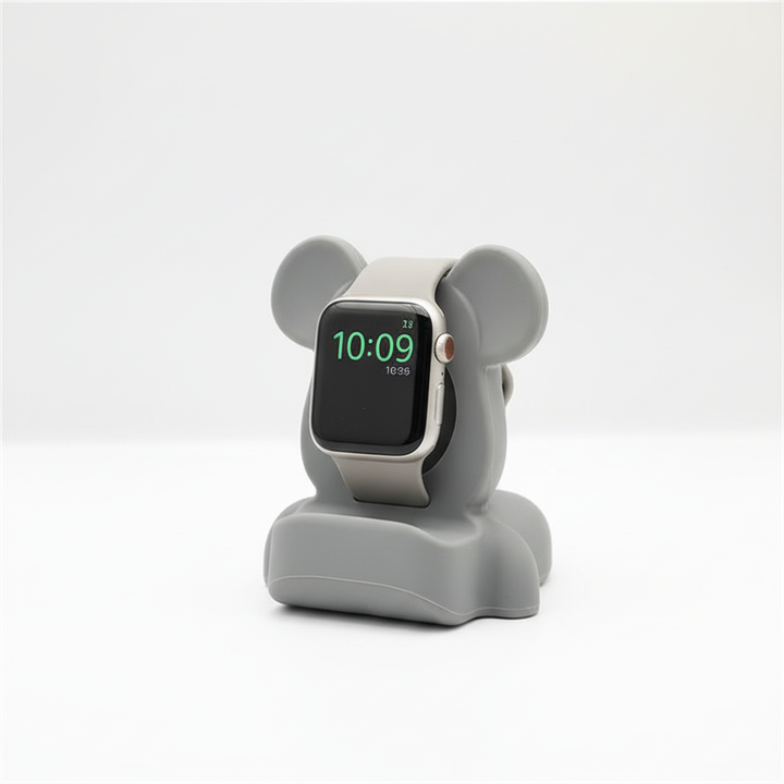 Zachte siliconen BearStand met berenoren, veilige oplaadplek en leuk design voor Apple Watch.
