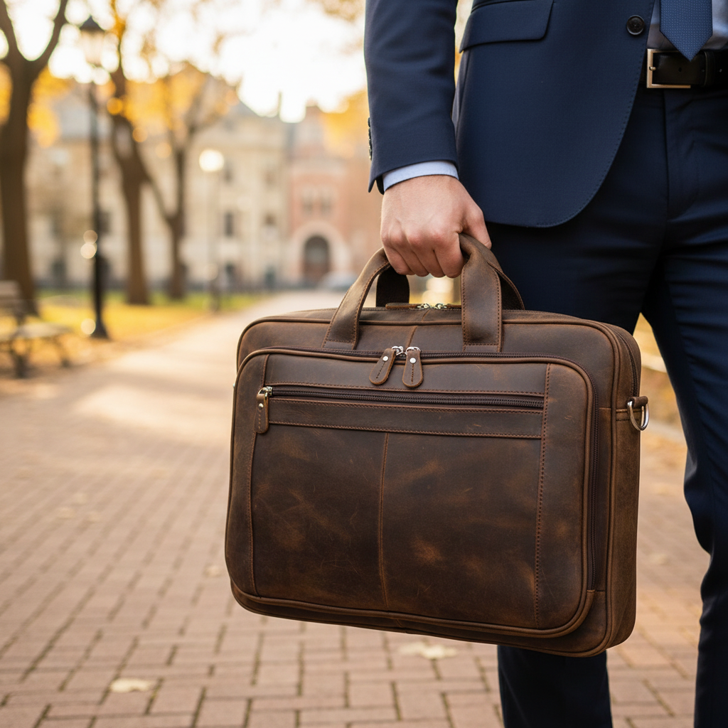 Bruine leren heren aktetas & laptoptas, ideaal voor professioneel gebruik op kantoor of zakenreis, stijlvol en duurzaam.