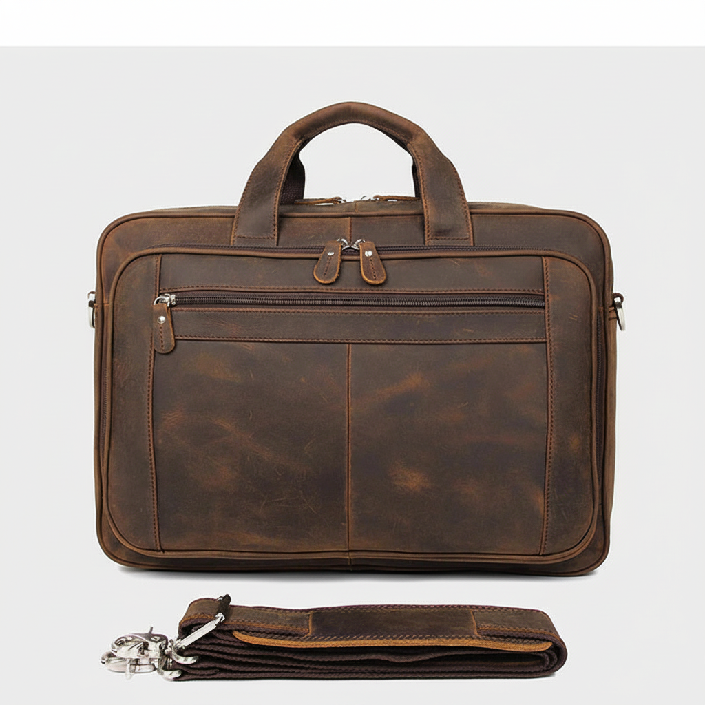Stijlvolle bruine heren aktetas/laptoptas met schouderband, perfect voor werk, reizen en kantoorbenodigdheden.