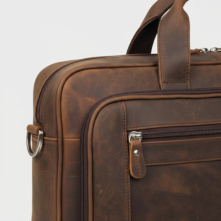 Professionele bruine leren aktetas voor heren, ruime laptoptas met meerdere vakken, perfect voor een zakelijke look.