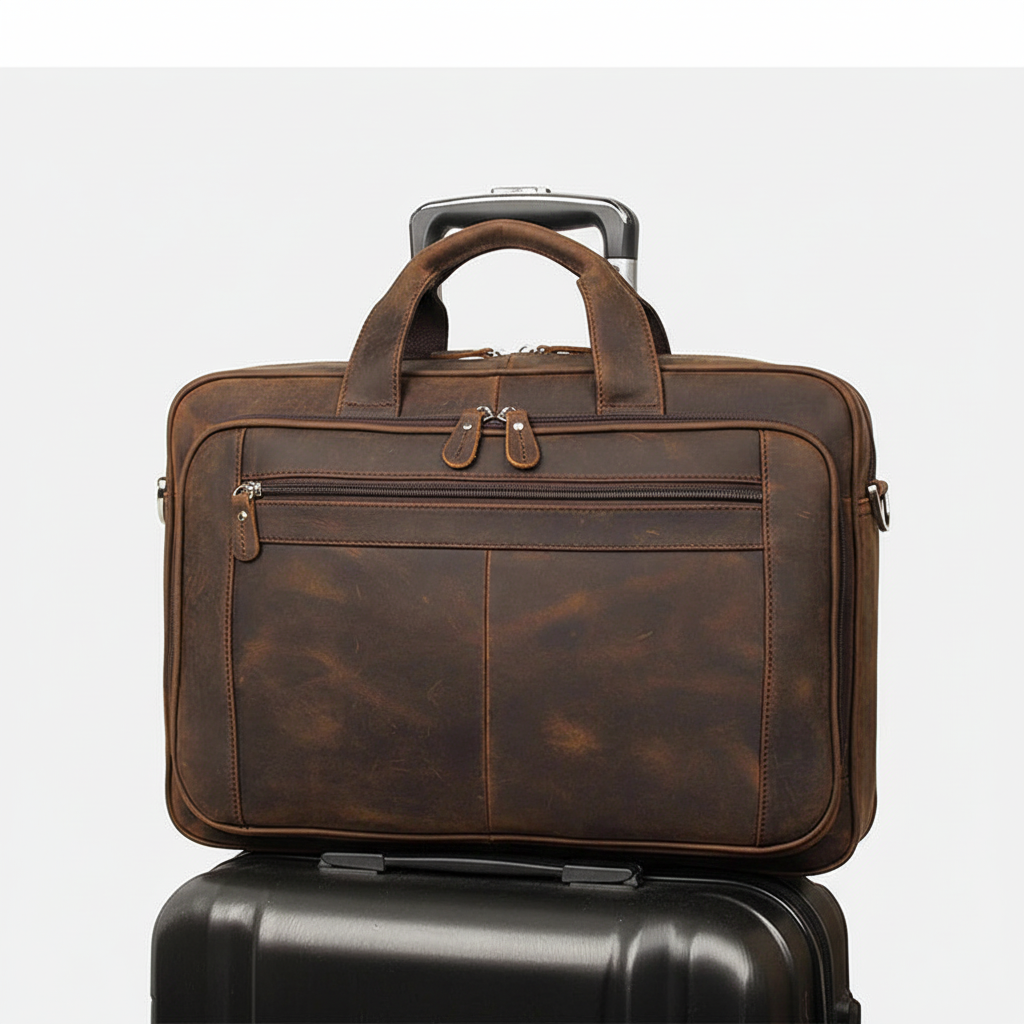 Unisex zakelijke laptoptas van bruin leer, perfect als aktetas of schoudertas voor kantoor en zakenreizen.