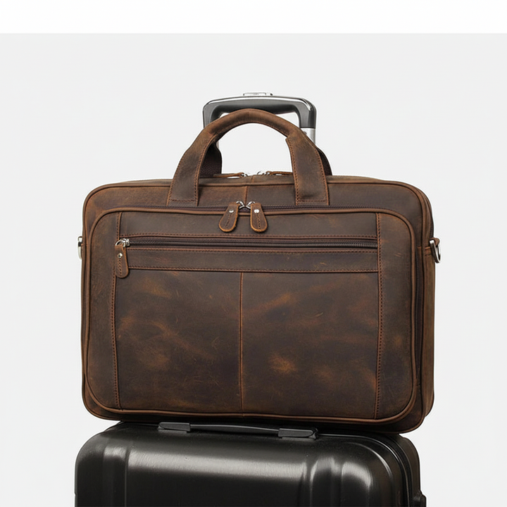 Unisex zakelijke laptoptas van bruin leer, perfect als aktetas of schoudertas voor kantoor en zakenreizen.