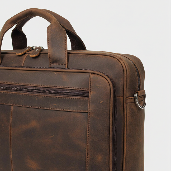 Stijlvolle vintage leren laptoptas met robuuste laptopbescherming, ideaal als unisex werk- en reistas.