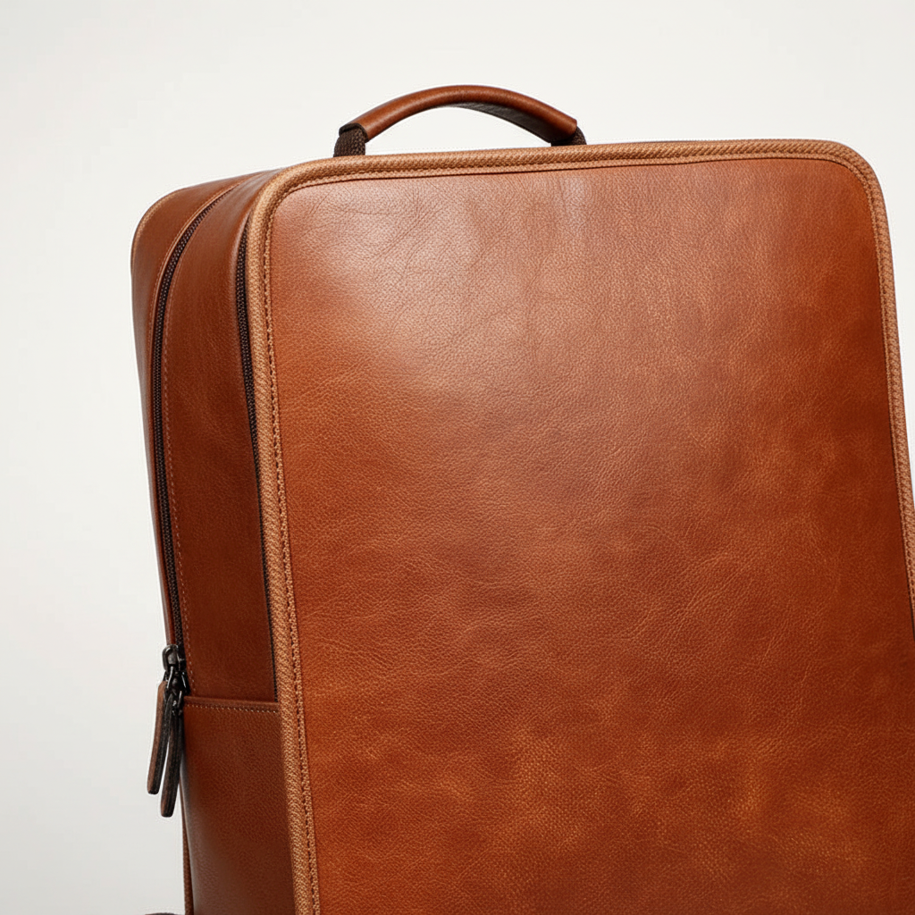 Oranje leren laptoprugzak LeatherTitan met georganiseerde vakken en veilige laptophoes, geschikt voor werk en studie, unisex.