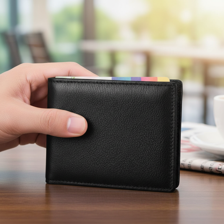 Luxe heren leren portemonnee met RFID-bescherming. Slank, compact en beveiligd voor kaarten.