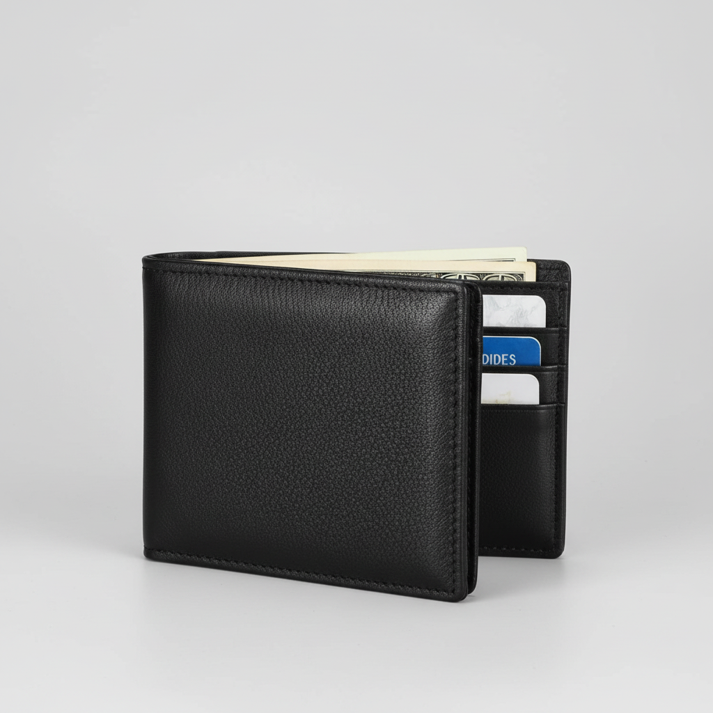 Stijlvolle slanke leren heren portefeuille. Compact design voor kaarten, beveiligd met RFID.