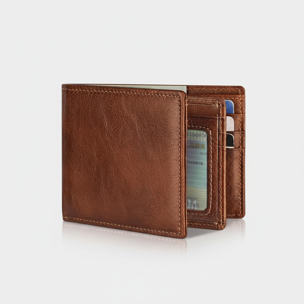 Compacte leren portemonnee, toont vakken voor pasjes en geld. Met RFID-bescherming en slank design.