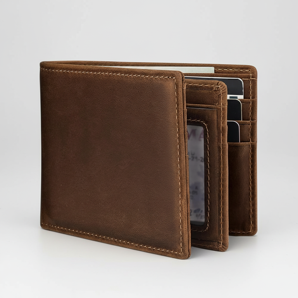 Elegante leren heren portefeuille, slanke vorm. Ideaal voor zakelijk gebruik, met RFID-bescherming.