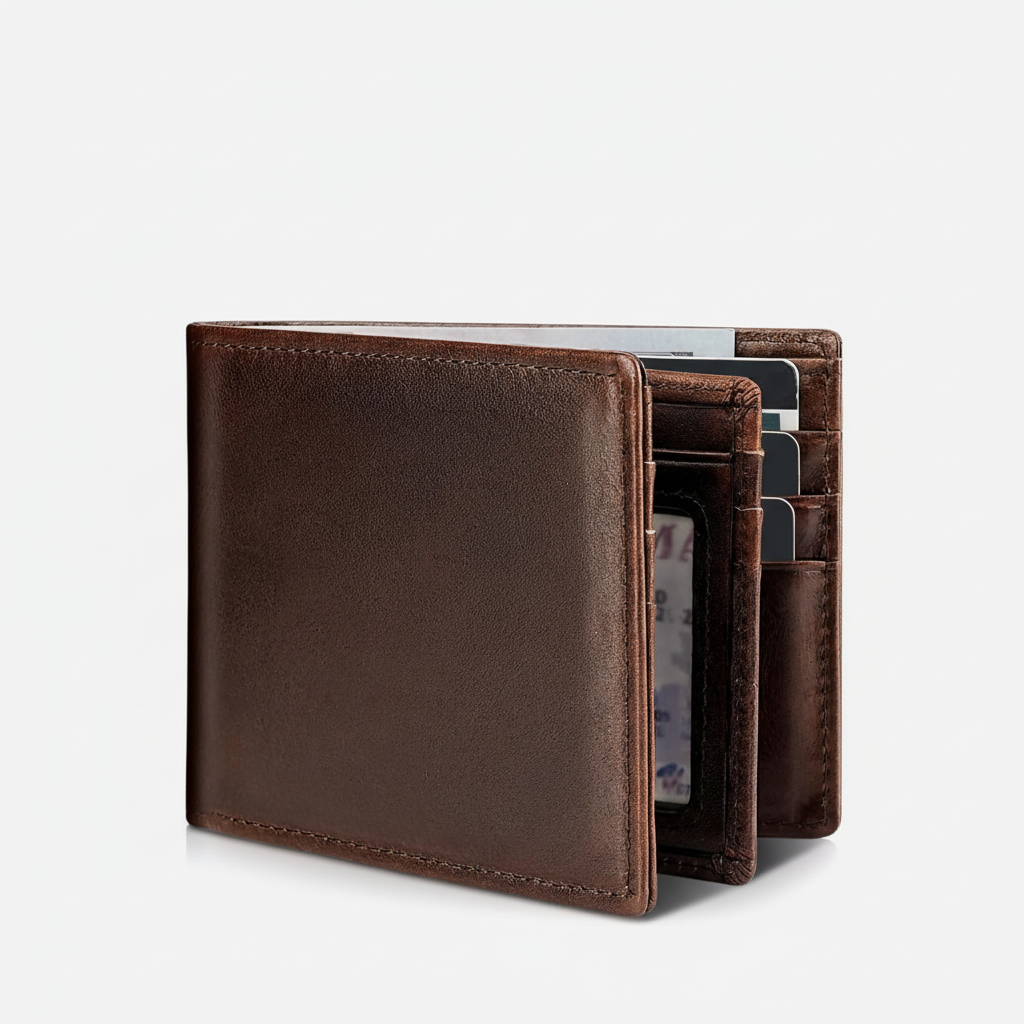 Moderne, minimalistische leren herenportemonnee. Compact met RFID-bescherming voor veilige opslag.