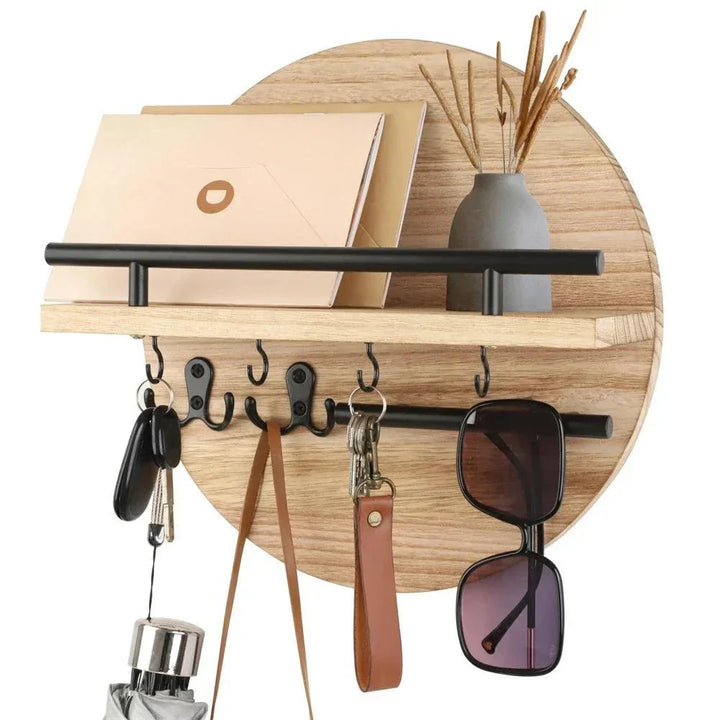Minimalistische ronde houten sleutelhouder, voegt natuurlijke warmte toe aan elke hal.