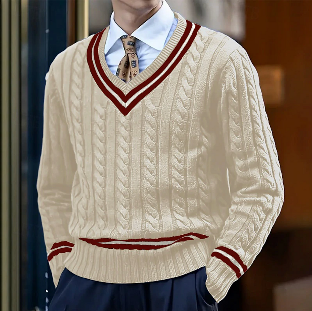 Stijlvolle heren V-hals trui, slim fit model, met klassiek kabelpatroon. Perfect voor casual en formele herfstmode.