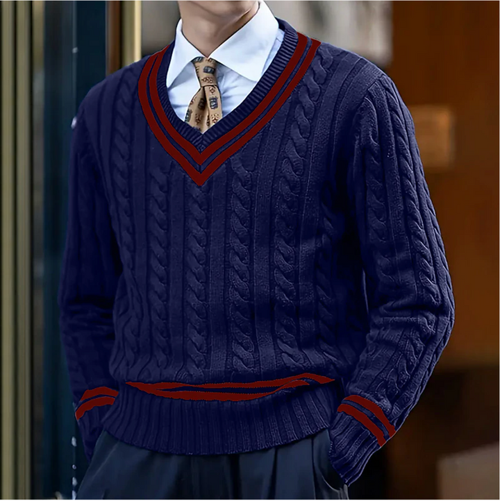Elegante heren slim fit V-hals trui met gedetailleerd kabelpatroon. Een warme gebreide trui voor herfst en winter.
