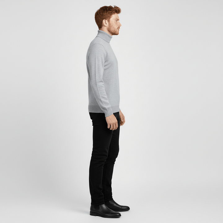 Zwarte slim-fit coltrui Toby voor heren. Moderne herentrui, warm en comfortabel voor wintermode.