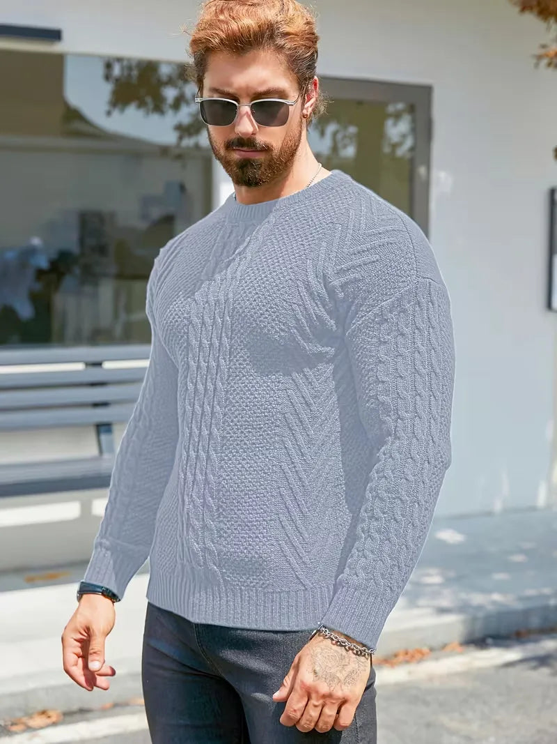 Heren slim fit trui met ronde hals, speciaal kabelpatroon. Stijlvol en veelzijdig.