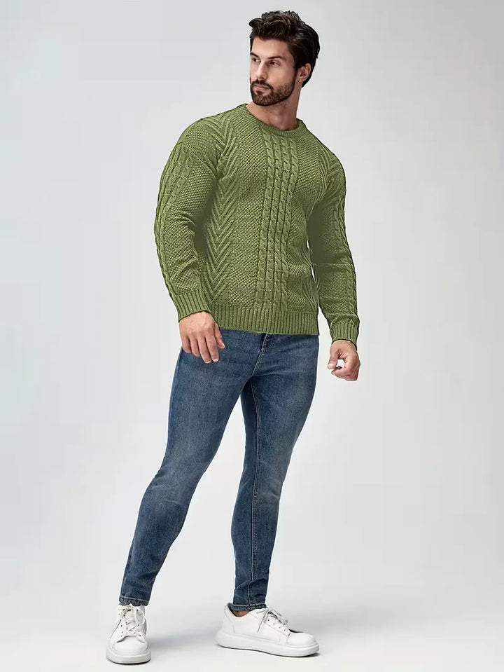 Heren slim fit trui met ronde hals, karaktervol kabelpatroon. Een tijdloos kledingstuk.
