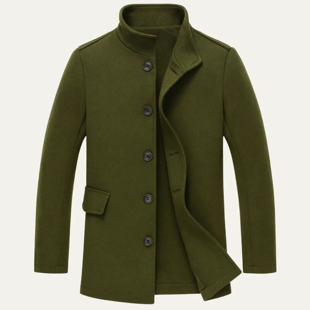 Heren slim fit wollen jas met opstaande kraag en knoopsluiting, ideaal voor herfst/winter.