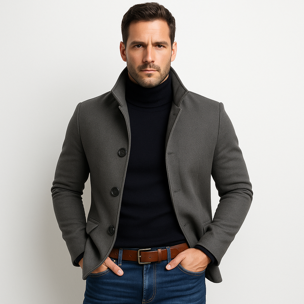 Heren slim fit colbert met opstaande kraag in elegant grijs. Ideaal voor een moderne zakelijke of casual herfstlook.