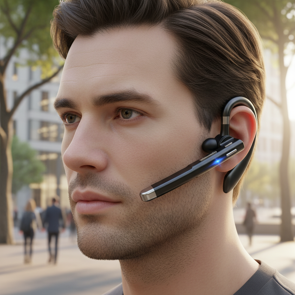 Draadloze Bluetooth headset SoundMate met microfoon voor heldere gesprekken en handsfree bellen op kantoor.