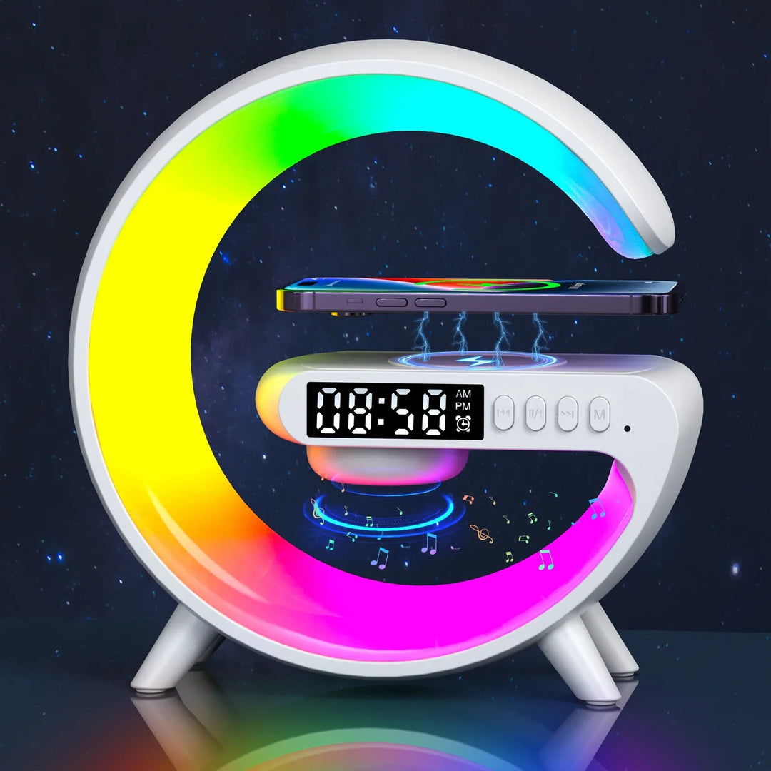 Slimme Bluetooth-wekker met zonsopkomst simulatie, draadloos opladen en RGB sfeerverlichting voor de slaapkamer.