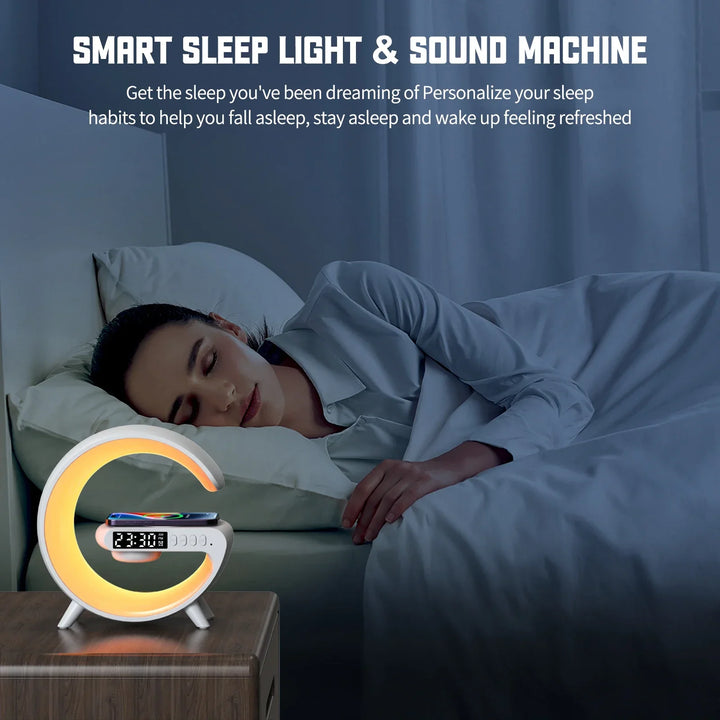 Bluetooth wekker met ingebouwde draadloze oplader, zonsopkomst lamp en diverse RGB kleuren.