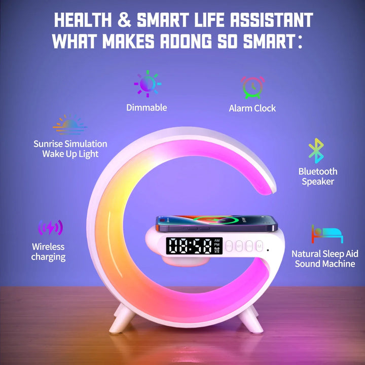 Multifunctionele wekker met ingebouwde Bluetooth speaker, zonsopkomst licht en draadloze oplader.