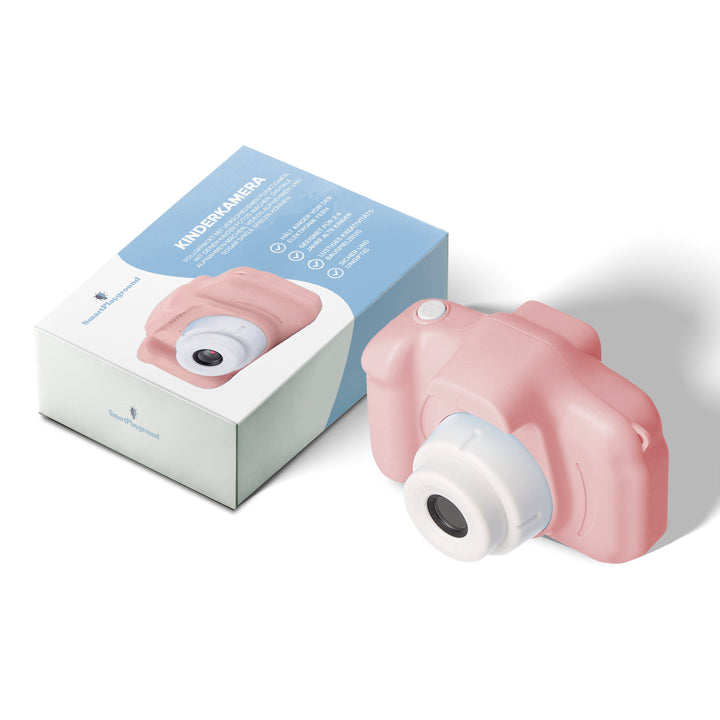 Duurzame kindercamera voor fotografie en video, ontworpen voor kleine handjes; beschikbaar in lichtblauw, mintgroen, roze.