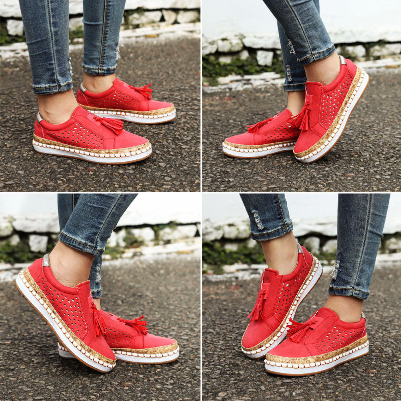 Trendy rode casual sneakers voor dames en heren, focus op voetcomfort en mode.