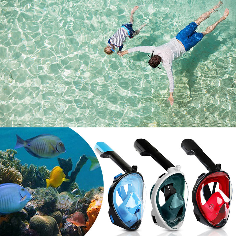 Vrouw snorkelt met volledig gezicht snorkelmasker. Geniet van helder zicht onderwater tijdens watersport.