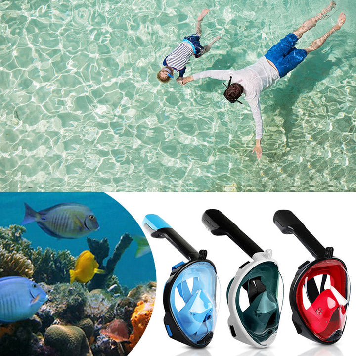 Vrouw snorkelt met volledig gezicht snorkelmasker. Geniet van helder zicht onderwater tijdens watersport.