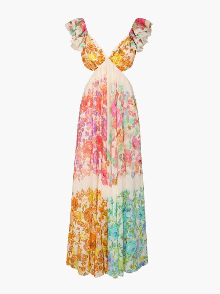 Maxi-jurk dames, bohemian stijl met een vrolijke meerkleurige print, ideaal voor een relaxte look.