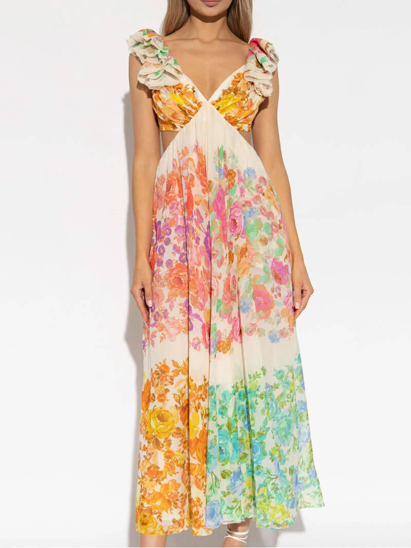 Dames lange bohemian maxi-jurk met meerkleurige print, perfect voor de zomer en vrouwenmode.