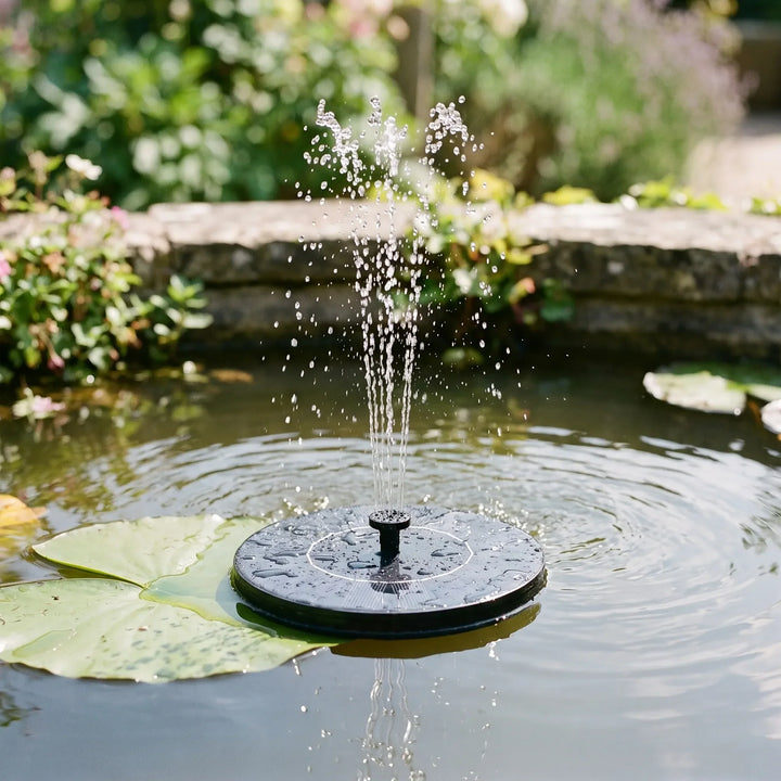 Eenvoudige drijvende zonnefontein voor vijver. Zonne-energie waterornament, geen installatie nodig.