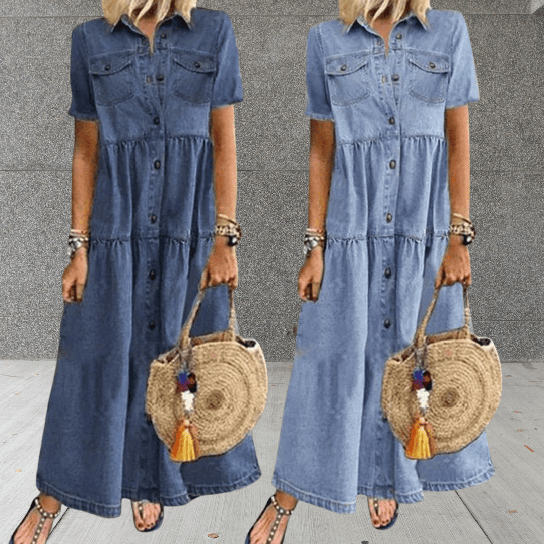 Veelzijdige dames spijker maxi-jurk met lange knopenrij, verkrijgbaar in lichtblauw voor een casual look.
