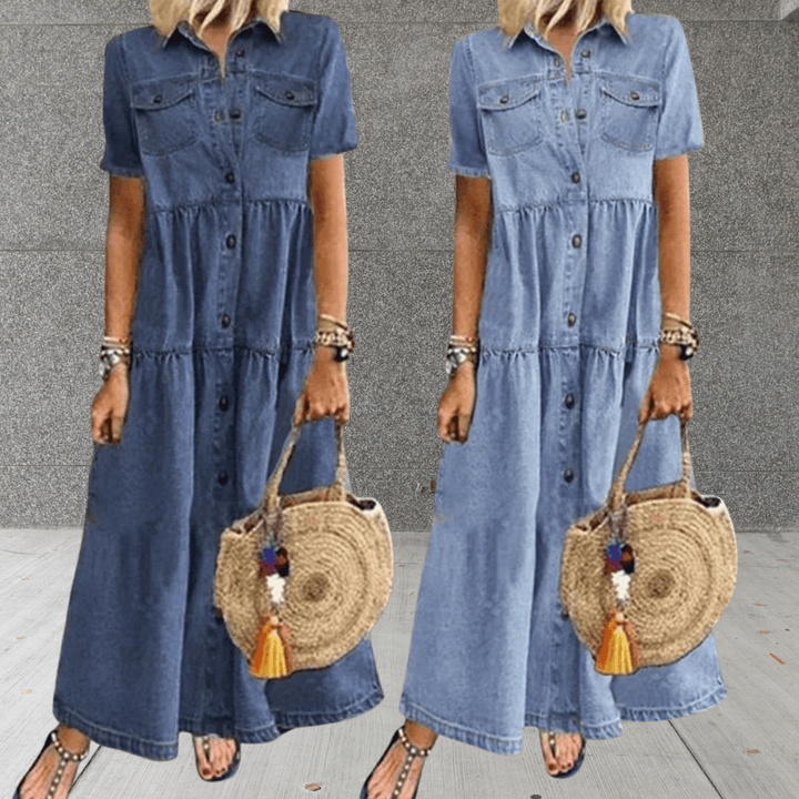 Veelzijdige dames spijker maxi-jurk met lange knopenrij, verkrijgbaar in lichtblauw voor een casual look.