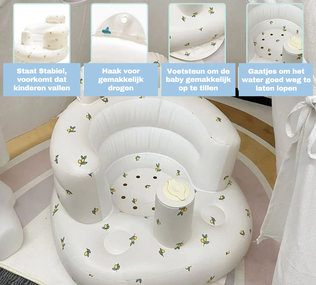 Opblaasbare speelstoel met rugondersteuning, onmisbaar onder babyaccessoires.