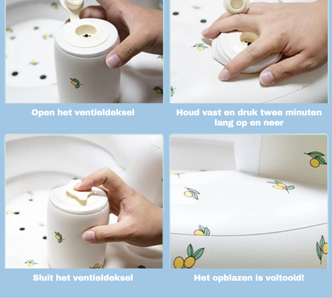 Multifunctioneel opblaasbaar babyzitje, veilig voor spelen, zitten en ontdekken.