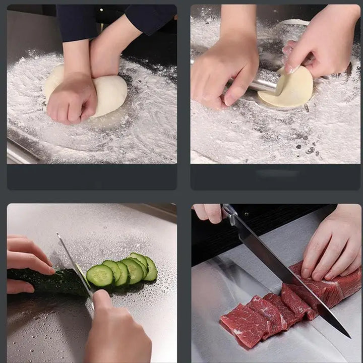 Veelzijdige roestvrijstalen snijplank SteelEdge, vlekbestendig en hygiënisch, met antislip voor veilig koken.