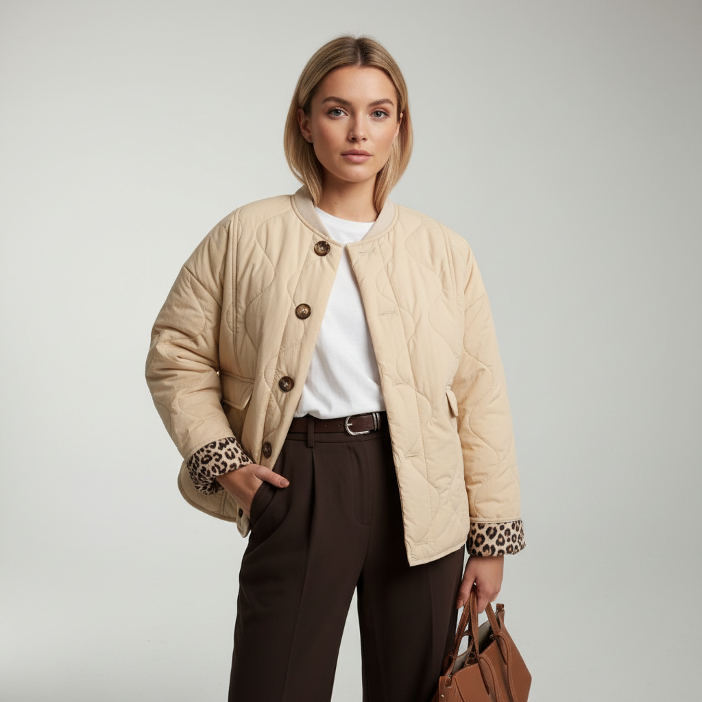 Trendy dames bovenkleding: gewatteerde jas 'Candace' in zwart met subtiel luipaarddetail in de voering.