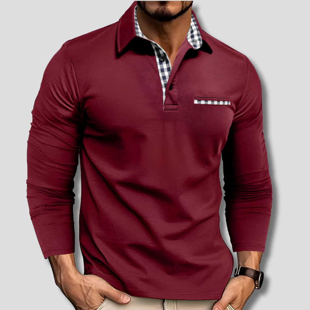 Rode stijlvolle herenpolo met lange mouwen, van comfortabele katoenmix, perfect voor een casual of smart casual look.