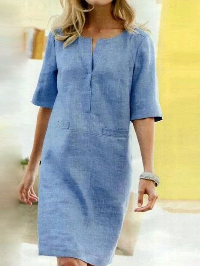 Luchtige dames katoen-linnen zomerjurk met korte mouwen. Comfortabel en stijlvol voor warme dagen.