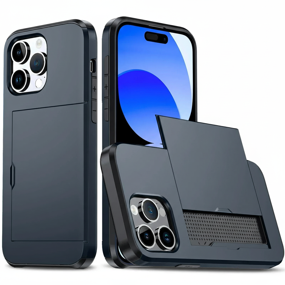 Duurzaam TPU en polycarbonaat iPhone hoesje, schokbestendig en voorzien van een geïntegreerd kaartenvak.