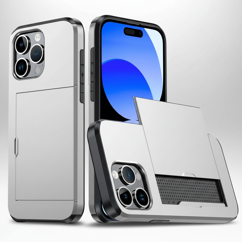 Stijlvol schokbestendig iPhone hoesje van TPU/polycarbonaat met handig kaartenvak, voor dagelijkse bescherming.