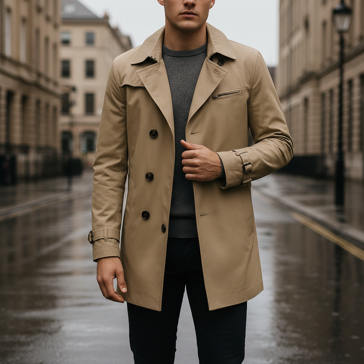 Gestructureerde heren trenchcoat met schoudervullingen. Elegante lange jas voor een moderne, stijlvolle look.