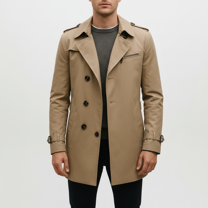Stijlvolle gestructureerde heren trenchcoat 'Warren' met schoudervullingen. Perfecte lange jas voor herenkleding.