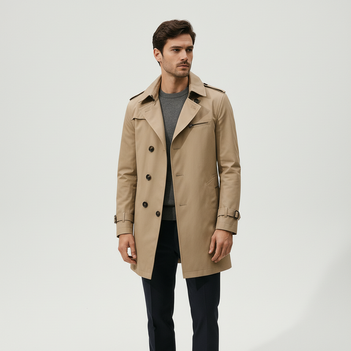Casual heren trenchcoat, gestructureerd, met schoudervullingen. Ideale herfst/winter lange jas voor elke man.