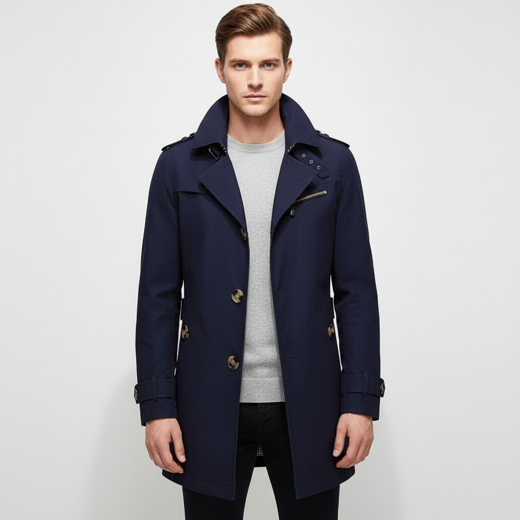 Heren trenchcoat met prominente schoudervullingen. Gestructureerd design voor een krachtige, moderne lange jas.